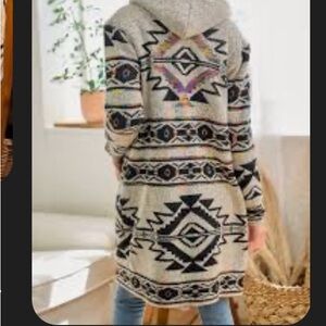 On Blue Aztec Pattern Hooded Cardigan